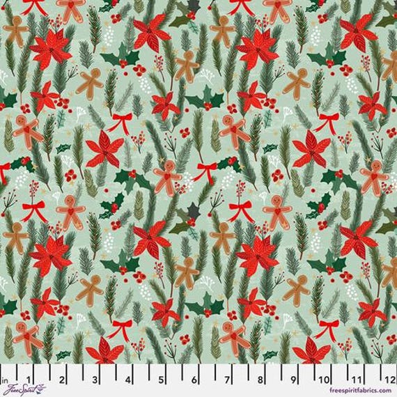 Christmas Spirit, Ginger Heart, in Sage, By Mia Charro, FreeSpirit, sold by the 1/2 yard or the yard