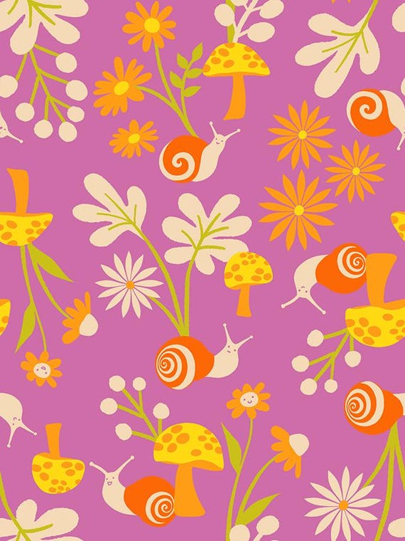 Animal Animal, Snails and flowers, in Heliotrope, RS5163 15, Ruby Star, sold by the 1/2 yard or the yard