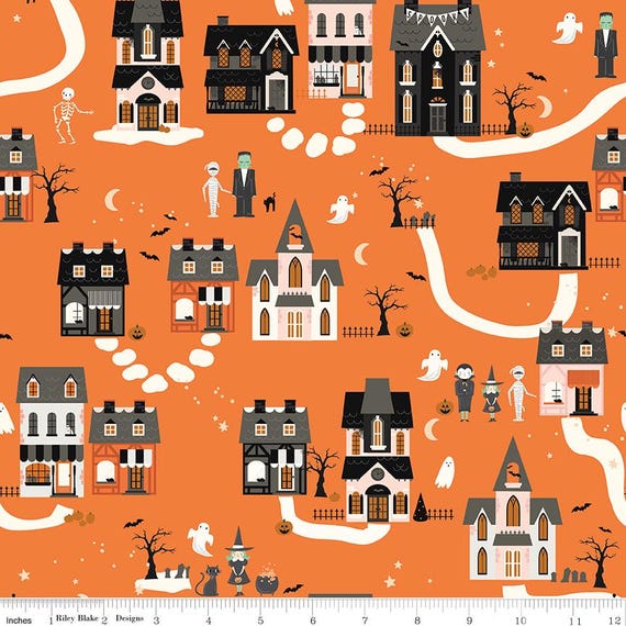 Frank and Friends Houses, in Orange, by My Mind's Eye, Riley Blake designs, sold by the yard
