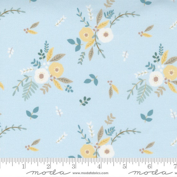 Little Ducklings Flowers in Blue, 25101 15 Moda, By Paper And Cloth, Sold by the 1/2 yard or the yard