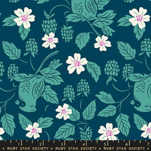 May include: Teal blue fabric with a repeating pattern of white flowers, green leaves, and teal blue birds. The birds are stylized and have a simple design. The fabric has a vintage feel.