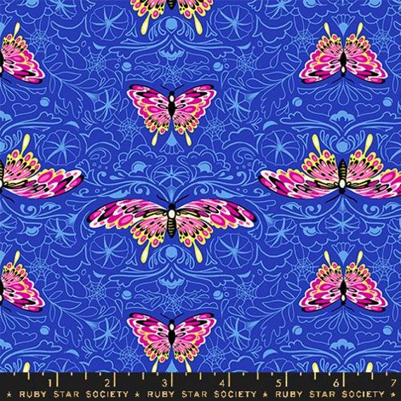 Glow Garden, Morning Moth, Novelty Butterflies Floral, in Blacklight, RS2116 16, By Sarah Watts, Ruby Star, sold by the yard