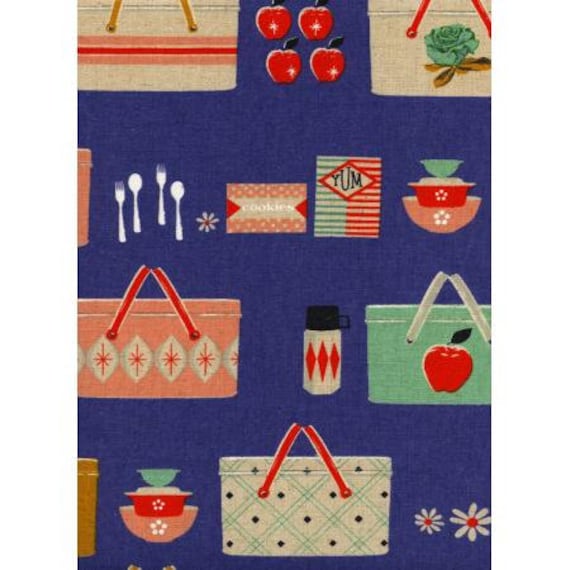 Cotton & Steel, M0018-032 Picnic - Picnic Baskets - Cobalt CANVAS Fabric, sold by the 1/2 yard or the yard
