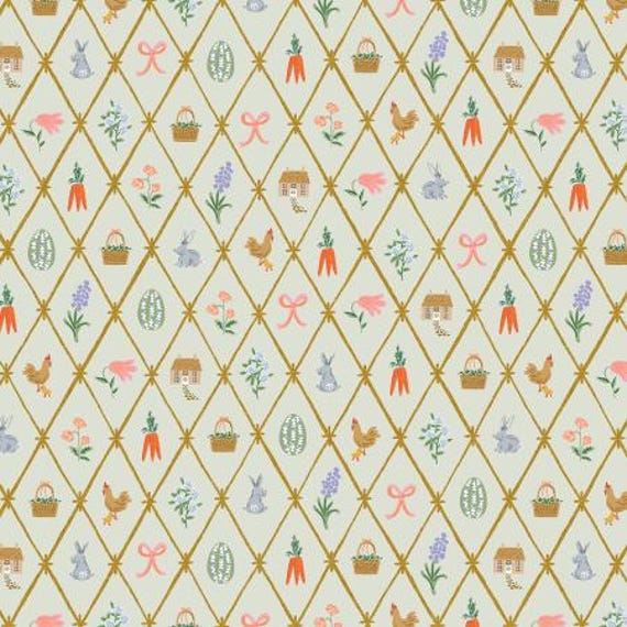 Easter - Easter Lattice - Mint Metallic Fabric- RP1501-MI1M , Rifle Paper Co, Cotton + Steel, sold by the 1/2 yard or the yard