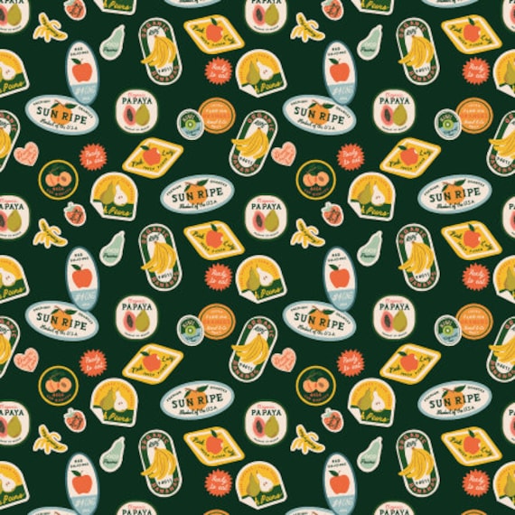Orchard, Fruit Stickers, Hunter Fabric, RP1201-HU2, By Rifle Paper Company, Cotton+Steel, sold by the 1/2 yard or the yard