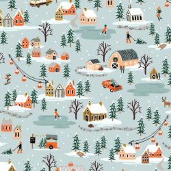 Holiday Classics,  Holiday Village, Mint Fabric, RP603-MI1, By Rifle Paper Co, for Cotton and Steel, sold by the 1/2 yard or the yard