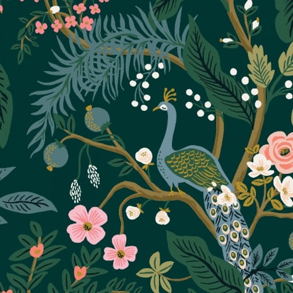 Vintage Garden, Peacock, Hunter CANVAS Metallic Fabric, RP1000-HU3CM , Rifle Paper Co, Cotton & Steel, sold by the 1/2 yard or the yard