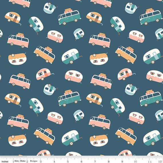 Live, Love, Glamp Trailer Toss in Denim, By Dani Mogstad, for Riley Blake Designs, sold by the 1/2 yard or the yard