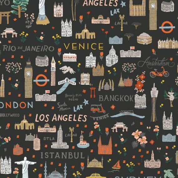 Bon Voyage, World Traveler - Black Fabric, RP800-BK1, Rifle Paper Co, for Cotton + Steel, sold by the 1/2 yard or the yard