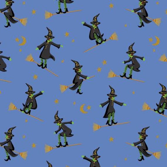 Halloween - Wicked Witches Blue Metallic Fabric Cotton and Steel Sold by the yard