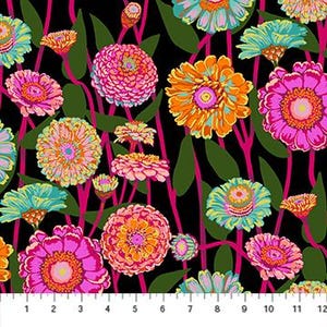 May include: A vibrant fabric with a black background, featuring colorful floral patterns. The design includes large, multi-petaled flowers in shades of pink, orange, and teal, with green leaves and stems. A ruler is at the bottom, showing inches.