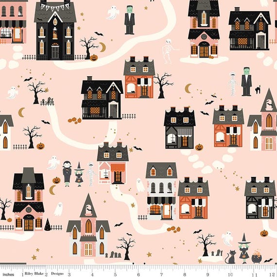 Frank and Friends Houses, in Pink, by My Mind's Eye, Riley Blake designs, sold by the yard