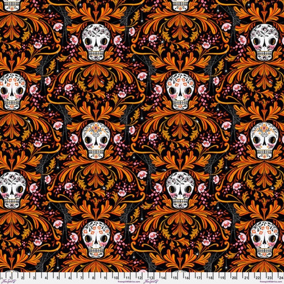 Pretty Creepy, Beautiful Bones, in Orange, By Cori Dantini for FreeSpirit , sold by the 1/2 yard or the yard