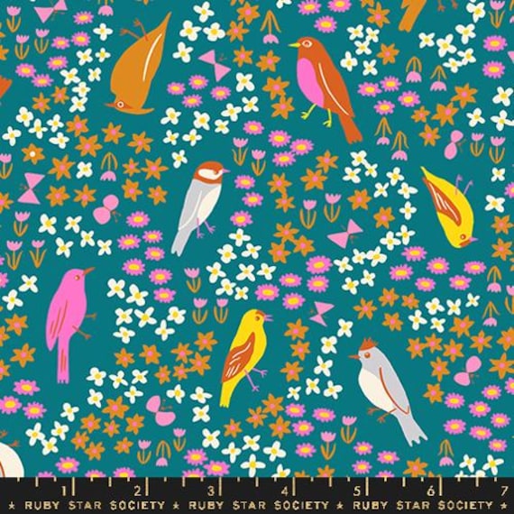 Bird Is The Word, Spark Bird, in Storytime, by Kimberly Kight, RS3077 13, Ruby Star, sold by the 1/2 yard or the yard