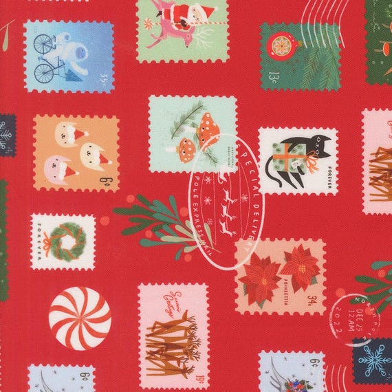 Tiny Christmas, Christmas Stamps, in Christmas Red, 37132 12, by Lizzy House, for Moda, sold by the yard