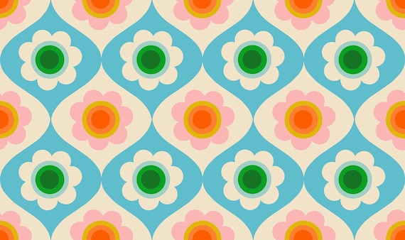 Trinketry, Retro Flowers, in Turquoise, By Melody Miller, RS0114 18,  RUBY STAR SOCIETY, sold by the yard