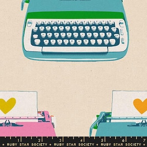 May include: Illustration of three typewriters in teal, pink, and green. Each typewriter has a white paper with a heart shape. The top typewriter is teal and green. The bottom typewriters are pink and teal. The text "RUBY STAR SOCIETY" is at the bottom.
