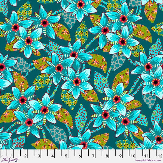 Caribes, in Blue, Tropicalism, Land Art by Odile Bailloeul for Free Spirit Fabrics, sold by the 1/2 yard or the yard
