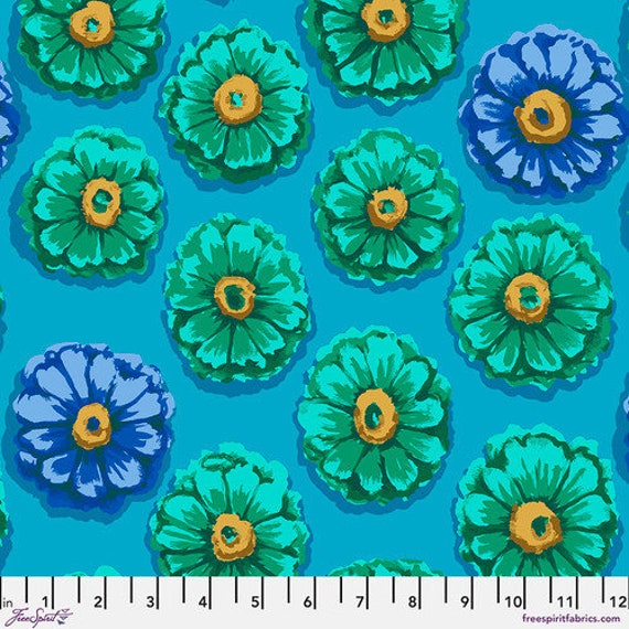 Kaffe- 85 And Fabulous, by Kaffe Fassett, Zinnia, in Blue, Free Spirit Fabrics, sold by the 1/2 yard or the yard