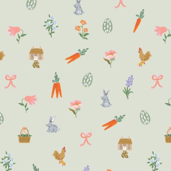 Easter - Easter Basket - Mint Fabric- RP1502-CI2  , Rifle Paper Co, Cotton + Steel, sold by the 1/2 yard or the yard