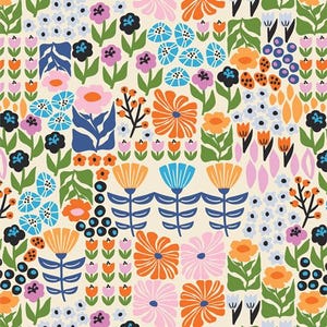 May include: A colorful floral pattern featuring stylized flowers in orange, blue, pink, and purple against a cream background. The design includes various flower shapes and green leaves, creating a vibrant and cheerful aesthetic.
