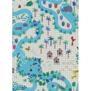 May include: A whimsical blue and white fabric with a repeating pattern of a river winding through a jungle. The fabric features a variety of animals, including elephants, hippos, butterflies, and birds. The background is a light beige with a grid pattern.