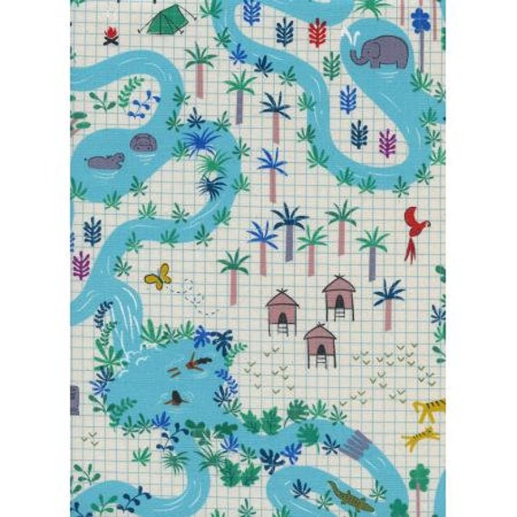 R1954-001 Lagoon - Lagoon Map - Natural Unbleached Cotton Fabric-Cotton and Steel/RJR-Sold by the half-yard cut continuous