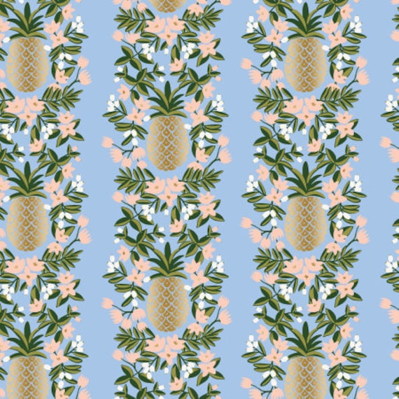 Primavera, Pineapple Stripe, Periwinkle Metallic Fabric, RP302-PE1M, By Rifle Paper Co, for Cotton+Steel, sold by the 1/2 yard or the yard