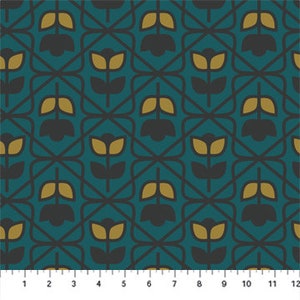 May include: Teal blue fabric with a repeating pattern of stylized gold flowers in black squares.