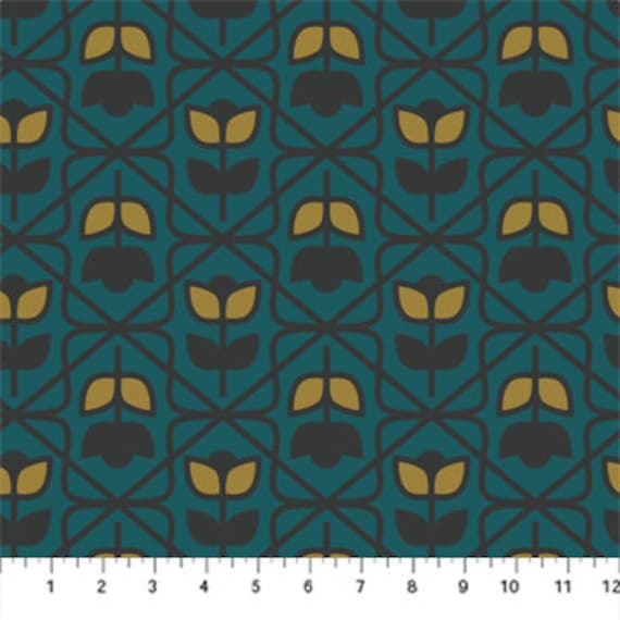 Retro Flowers in Night, Pickle Juice, by Dana Willard, for Figo Fabrics, sold by the 1/2 yard or the yard