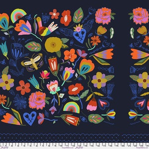 May include: A navy blue fabric with a colorful floral pattern. The pattern features flowers, butterflies, rainbows, and hearts. The fabric has a scalloped edge.