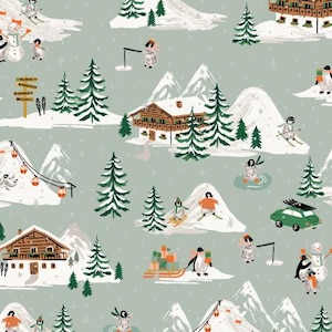 May include: A repeating pattern featuring a winter scene with snow-covered mountains, evergreen trees, and charming wooden chalets. Playful penguins engage in winter sports like skiing and snowboarding, with a green car carrying skis.