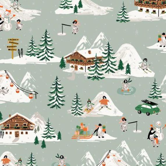 Holiday Classics IV, Penguin Village, Mint And Gold Metallic, RP622-MM1M, Rifle Paper Co, Cotton+Steel, sold by the yard