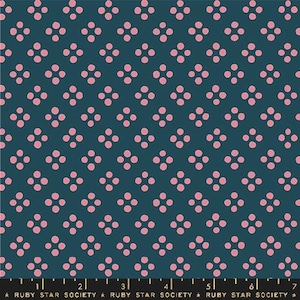 May include: Teal fabric with a repeating pattern of pink four-dot clusters. The fabric has a ruler along the bottom edge with the text "RUBY STAR SOCIETY". The pattern is a simple, yet elegant design.