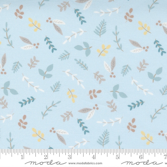 Little Ducklings, Leaves in Blue, 25102 15 Moda, By Paper And Cloth, Sold by the 1/2 yard or the yard