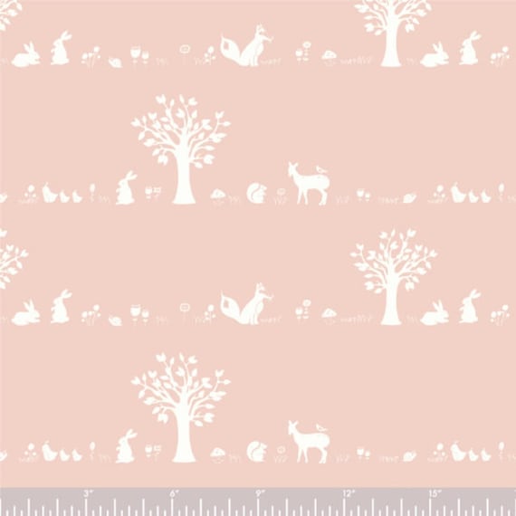 Birch Organic Fabric, Forest Friends in Blush, Storyboek ,sold by the half-yard or the yard