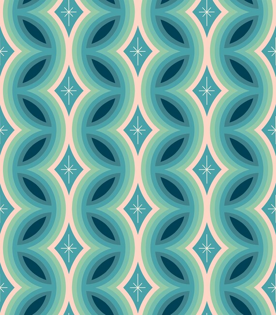 Juicy, Rattan Geometrics Stripe Border Retro, in Dark Turquoise, By Melody Miller, Ruby Star Society, sold by the 1/2 yard or the yard