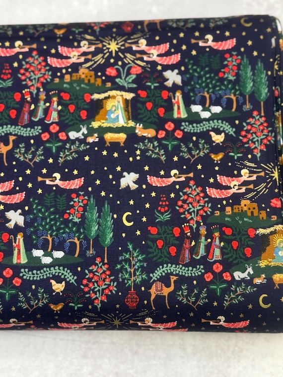 Holiday Classics IV, Nativity, Navy And Metallic Gold Metallic Fabric, RP621-NM1M, Rifle Paper Co, Cotton+Steel, sold by the yard