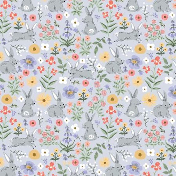Easter II, Bunny Floral, in Blue Fabric, RP1508-BL4, Rifle Paper Co, Cotton+Steel, sold by the yard