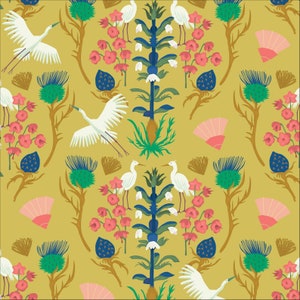 May include: A repeating pattern featuring white birds, pink flowers, and blue thistle-like plants on a mustard-yellow background. The design includes stylized fans and other floral elements, creating a decorative and nature-inspired aesthetic.