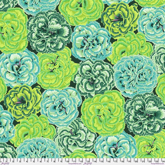 Picotee Carnations, Green, August 2025 Collection, by Brandon Mably, Kaffe Fassett Collective, PWPJ133, FreeSpirit Fabrics, sold by the yard