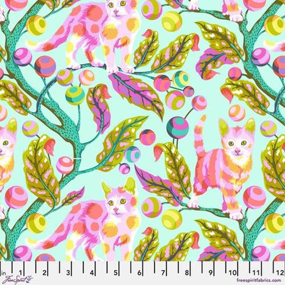 Tabby Road Déjà Vu, Disco Kitty, Technomint, by Tula Pink, for FreeSpirit Fabrics, sold by the 1/2 yard or the yard