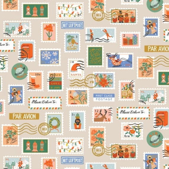 Holiday Classics, Holiday stamps RP613-CR1M, Cream Metallic Fabric, Rifle Paper Co,  Cotton+Steel, sold by the 1/2 yard or the yard