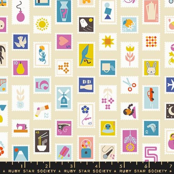 Salutations, Stamps, in Parchment, By Rashida Coleman Hale, RS1089 11 Ruby Star Society, sold by  the yard
