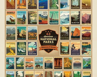 May include: A colorful poster featuring illustrations of 63 American National Parks. Each park is represented by a unique design with a name and a small illustration. The poster is titled "63 American National Parks Wilderness & Wonder".