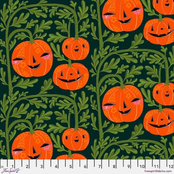 Ghostly Greetings,  Pumpkin Head, in Green, By Cori Dantini, FreeSpirit, sold by the 1/2 yard or the yard