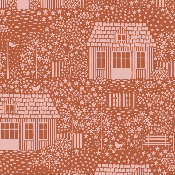 Hometown- My Neighborhood, in Rust, Hometown Collection,  Norwegian designer Tone Finnanger, Tilda Fabrics, sold by the 1/2 yard or the yard