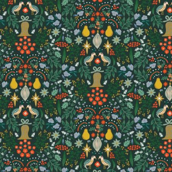 Holiday Classics, Partridge, Evergreen Metallic Fabric, RP600-EV2M, By Rifle Paper Co, Cotton and Steel, sold by the 1/2 yard or the yard