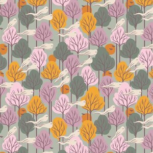 May include: A whimsical pattern featuring a forest scene with trees in shades of pink, yellow, and green. Ghost-like figures float among the trees, creating a playful and spooky atmosphere. The background is a muted green.
