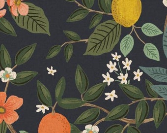 Bramble, Citrus Grove,  Navy Unbleached Canvas Fabric, By Rifle Paper Co, Cotton + Steel, RJR, RP900-NY6UC, sold by the 1/2 yard or the yard